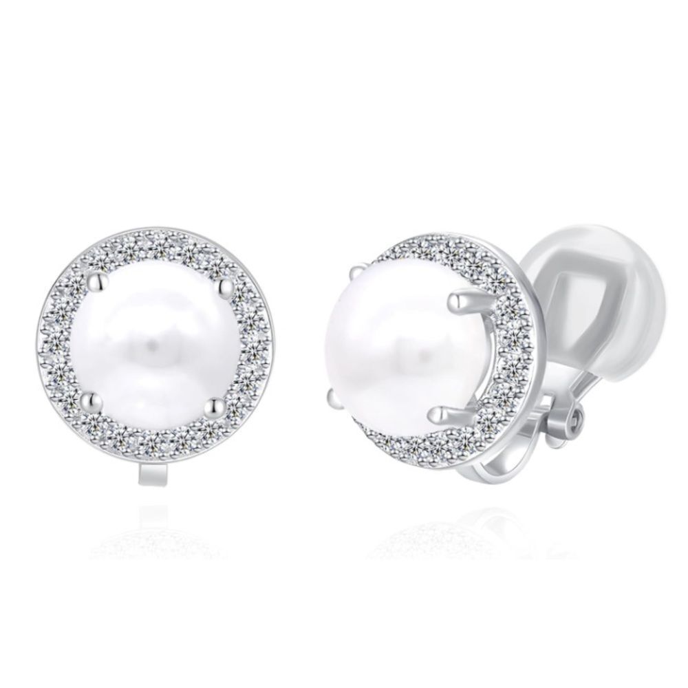Silver with White Pearls and White Diamond Cubic Zirconia Stud Clip On Earrings